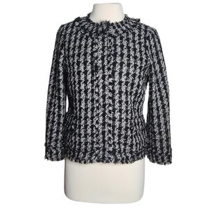 Ann Taylor Black White Gray Tweed Fringe Blazer Jacket Size 6 Houndstooth